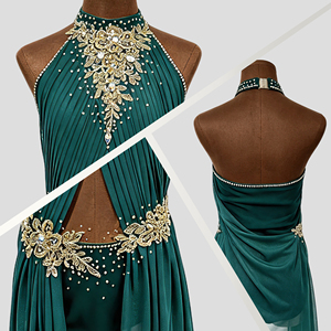 Costume de danse lyrique de luxe fait main, vert foncé, robe de ballet contemporaine en Spandex/Polyester, ornée de strass floraux pour la scène - Product Image 2