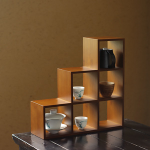 Armoire à grille trapézoïdale en bambou, rangement et présentoir décoratif de style chinois rétro minimaliste moderne, support de rangement et de présentation pour service à thé - Product Image 1