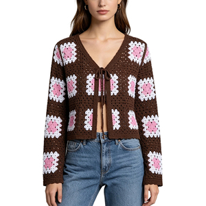 Cardigan da <span class=keywords><strong>Donna</strong></span> Vintage a Quadri <span class=keywords><strong>in</strong></span> <span class=keywords><strong>Pizzo</strong></span> all'Uncinetto, Maglione Sottile Traforato Traspirante per Primavera e Autunno - Product Image 1