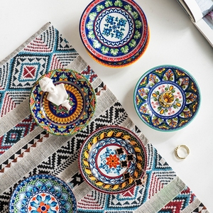 จานเซรามิกสโตนแวร์สไตล์โบฮีเมียนชาวโมร็อกโกจานซอสชามรับประทานอาหารสีสันสดใสใช้ในบ้านเครื่องล้างจานไมโครเวฟปลอดภัย - Product Image 6