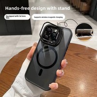 Coque de téléphone magnétique transparente antichoc pour iPhone 15/16/17 Pro Max avec support d'objectif de caméra intégré et protecteur