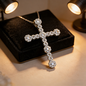 CUSTOM SILVER 10K/14K/18K GOLD PLATED LAB GROWN CVD DIAMOND CLASSIC ENGAGEMENT GIFT SWEATER <b>CHAIN</b> NECKLACE <b>CROSS</b> PENDANT - Product Image 4