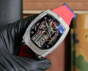Montre mécanique pour homme de qualité supérieure, mouvement squeletté poli, boîtier entièrement serti de diamants en forme d'écorce, design stéréoscopique 3D - Product Image 4