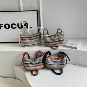 Oem Odm Custom Rainbow Stripe <b>Straw</b> Crossbody Woven <b>Straw</b> Crescent Hobo Beach <b>Straw</b> Shoulder <b>Bag</b> Women Sling Purse Handbag - Product Image 2