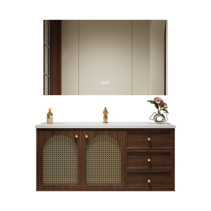 New Smart Walnut Color Bathroom Vanity with Storage Mirror Cabinet Oak Hot-Bent Integrated Basin LED Light - Product Image 1