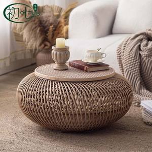 Rattan Coffee Table Round Natural Wood Color Storage Function For Small Living Room Japanese Style Hand Woven - Product Image 4