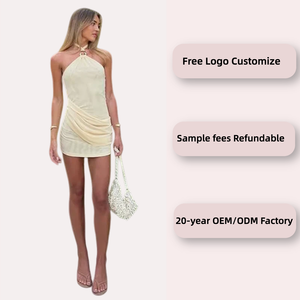 Beiges Neckholder-Minikleid mit Gerafftem Drapierungsdesign Elegantes Cremefarbenes Neckholder-Kleid mit Twist-Front Komfortable Damenkleidung - Product Image 2