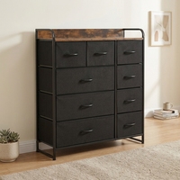 Commode rustique marron et noire à 9 tiroirs, commode de rangement en tissu avec conception anti-basculement, organisateur haut pour salon