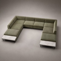 Grand canapé modulaire en forme de U en velours sauge avec des tables d'appoint en marbre Calacatta