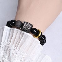 Bracelet en obsidienne noire naturelle, style chinois, avec perles en obsidienne argentée motif Danse du Lion – Offre Spéciale