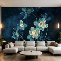 Wallpaper Bunga Biru Tua Kustom Lukisan Minyak Mural Bunga Mewah Ruang Tamu Apartemen Dinding Latar Belakang Tahan Air Seni Modern