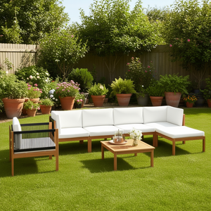 Ensemble de salon de jardin en bois d'acacia massif 6 places, mobilier d'extérieur moderne, finition naturelle, coussins blancs - Product Image 2