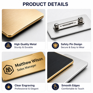 <span class=keywords><strong>Plaque</strong></span> nominative personnalisée <span class=keywords><strong>en</strong></span> métal gravé de qualité supérieure <span class=keywords><strong>pour</strong></span> entreprise, hôtel, badge avec logo <span class=keywords><strong>sur</strong></span> <span class=keywords><strong>mesure</strong></span> et attache épingle de sûreté - Product Image 2
