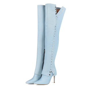 Botas Altas de Mujer Talla Grande 47, Botines Largos de Mezclilla con Tacón Delgado, Botas Sexys con Botones Metálicos, Zapatos de Tacón de Aguja de Ajuste Ancho - Product Image 3