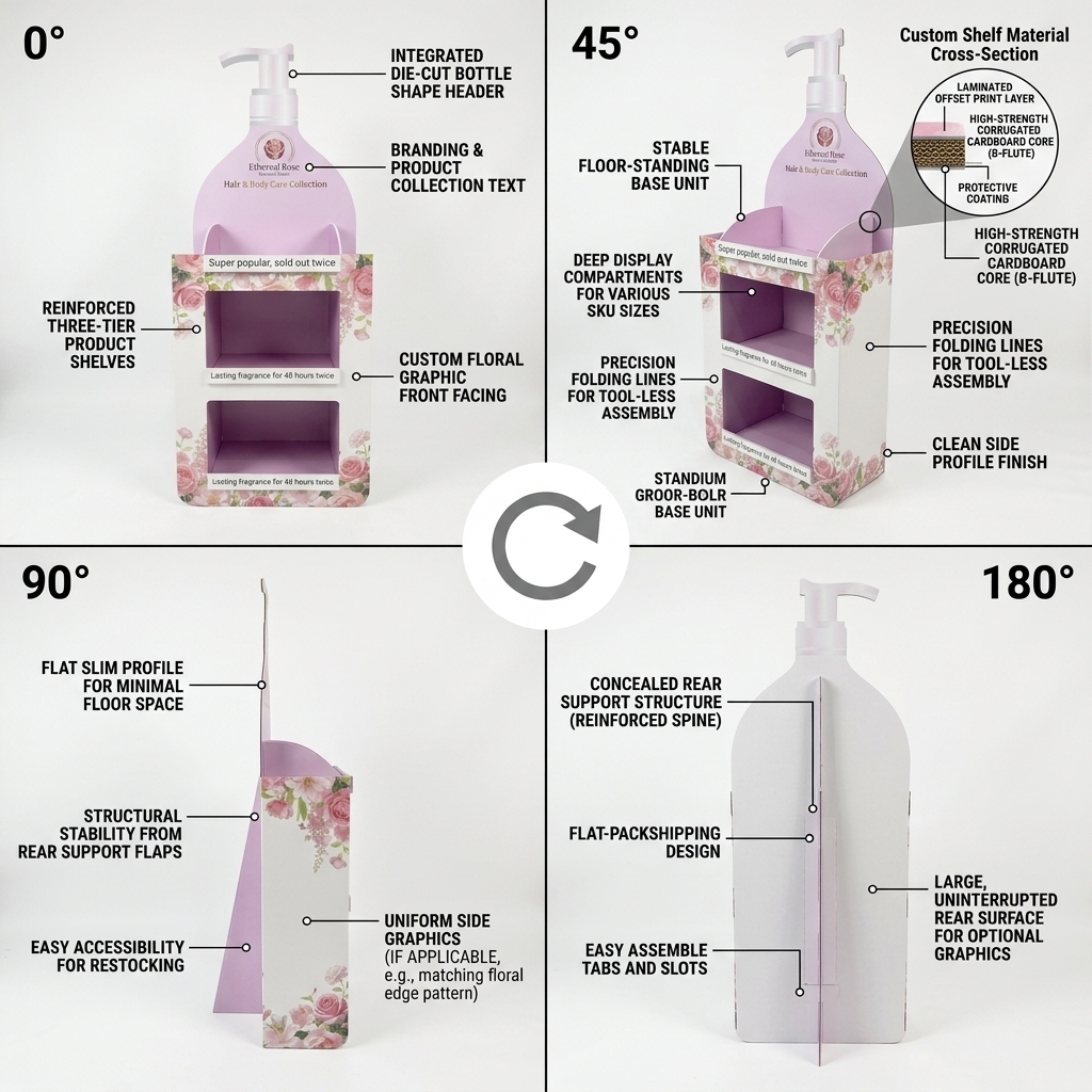 Custom POS Cardboard Floor Display Stand Retail Corrugated Supermarket Shelf Rack for Cos Body Wash Shampoo Shower Gel Skincare — view 3