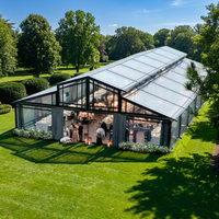 Tente de réception transparente pour mariage, structure en verre et métal noir, 30 x 50 m, capacité 150-200 personnes, structures à portée libre, tente orangerie pour événements