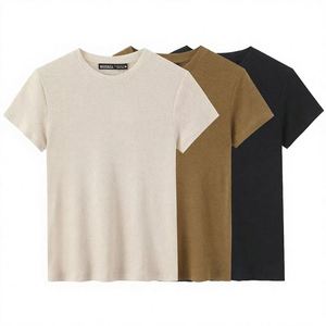 Camiseta de algodón grueso de manga corta para mujer, estilo veraniego, lavado desgastado, manga holgada de cinco puntos, color liso - Product Image 2