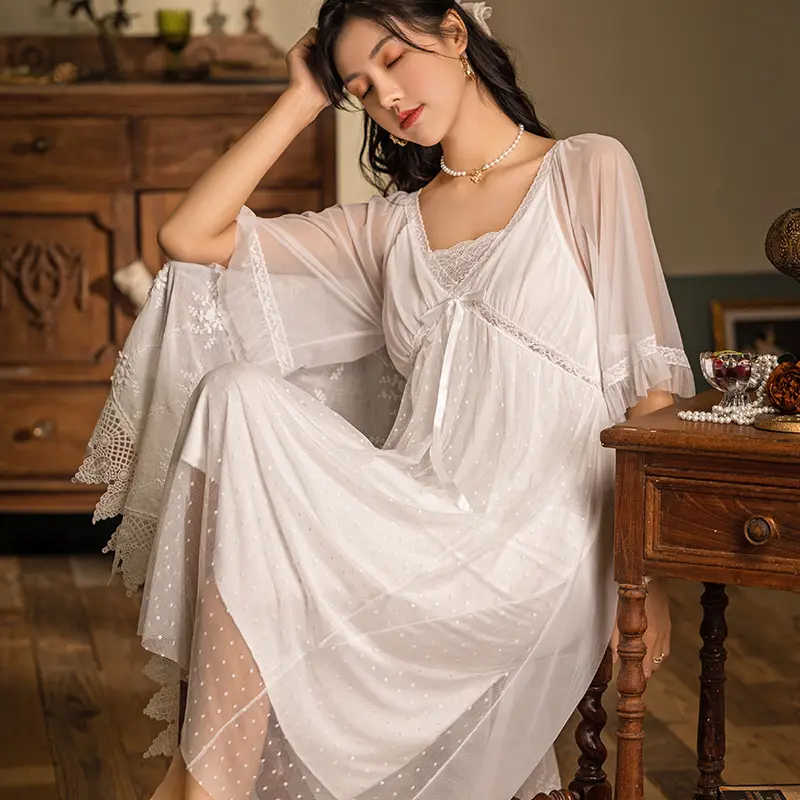 Chemise de nuit en dentelle Femmes Printemps Été Mince Manches à cinq points Robe longue Gaze Chemise de nuit simple Fairy Court Wave Point Pyjamas