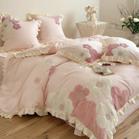 Ensemble de literie en coton rose pour fille, 4 pièces, broderie florale, linge de lit princesse