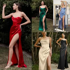 Boutique-Damenmode sexy trägerlos rückenfrei geteilt ärmellos rot Satin Party elegantes Abendkleid