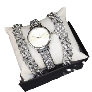 Women <b>Watch</b> and Two Bracelets Set Quartz Alloy Round Dial Rhinestone Inlaid Cuban Link Luxury Style - Product Image 4