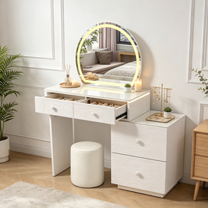 Nouvelle Arrivée : Ensemble Coiffeuse à Tiroirs Texturé Ondulé avec Miroir LED Rond, Meuble Latéral Détachable et Tabouret Cylindrique – Table de Maquillage pour Chambre - Product Image 1