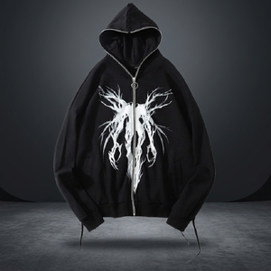 Gothic Print Men's <b>Zip</b>-<b>up</b> Hoodie Oversized Black Cotton Knitted Sweatshirt Front Logo Autumn Season Regular Fit - Product Image 1