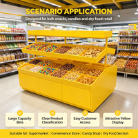 Comptoir d'exposition en bois multicouche jaune pour supermarché, idéal pour fruits secs, noix et bonbons