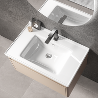 Meuble-lavabo de salle de bain flottant moderne avec miroir rond LED, armoire murale, vasque en céramique et tiroir à fermeture douce