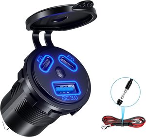 Enchufe de cargador de coche de 3 puertos Dual 45W PD tipo C y 18W QC 3,0 con voltímetro e interruptor de botón para 12V/24V coche barco marino ATV RV - Product Image 1