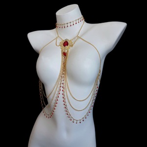 BANSEY Exquisite Ruby Gem Nipple Clamps with Draping Gold Body Chain Harness Non Pierced Alligator Clips Erotic Breast Jewelry - Product Image 6
