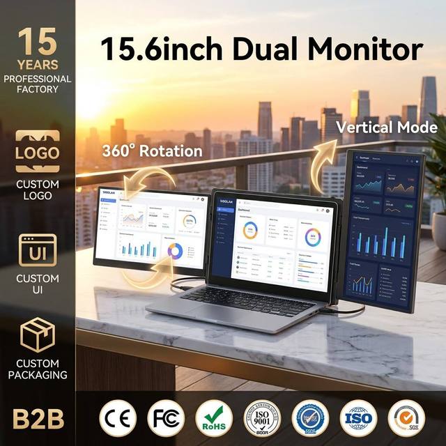 Professional 15.6'' IPS LCD New Dual Screen Portable Monitor Laptop Extender with Built-in Speaker 360 Rotation Vertical Mode