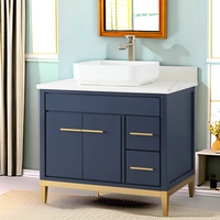 Meuble-lavabo de salle de bain moderne en bois massif bleu marine de 36 pouces, écologique, durable, avec vasque simple et armoire sur pied