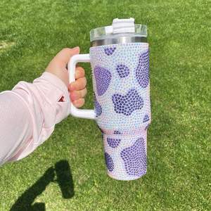 20 Pack Custom logo Black Brown purple Blue Rose Cow Print Rhinestone Bling studded <b>40oz</b> <b>Tumbler</b> <b>with</b> <b>Handle</b> Lid and Straw - Product Image 3