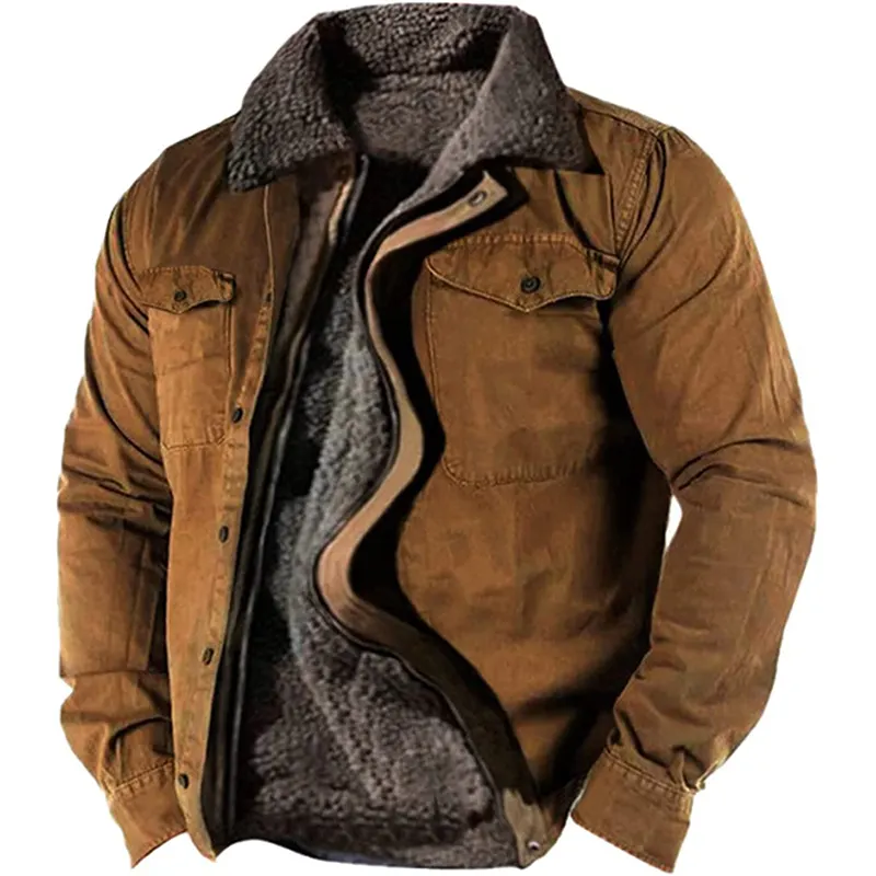 Jacket for Men Western Aztec Print Vintage Winter Fleece Lined Jacket Heavy Collared Cargo Coats