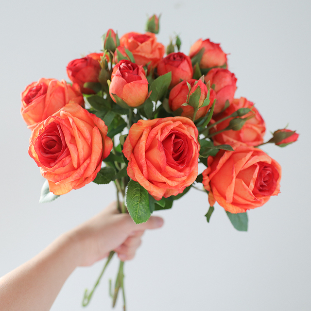 Realistic Long Red  Vintage Silk Rose  Home Decoration Burnt Petal Roasting Edge Rose Artficiail Flower