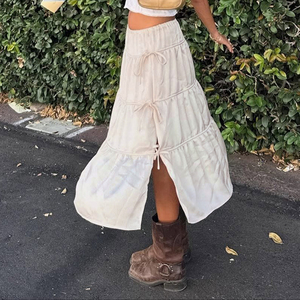 Jupe midi tissée pour femme, style cargo streetwear, avec nœud décoratif, à lacets et fente latérale, décontractée pour les vacances et les stations balnéaires, été, écologique - Product Image 5