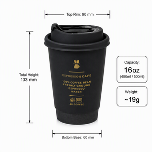 แก้วกาแฟกระดาษสีดำสองชั้นขนาด 16 ออนซ์ พิมพ์โลโก้ตามสั่ง พร้อมปั๊มฟ<span class=keywords><strong>อย</strong></span>ล์ทอง ขายส่ง แก้วร้อนแบบใช้แล้วทิ้ง เก็บความร้อนได้ - Product Image 5
