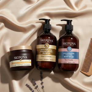 Ensemble de produits de soin de la peau en marque blanche : Masque capillaire protéiné, Crème réparatrice, Gel douche, Gel lavant parfumé - Product Image 1