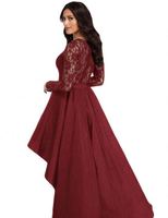 Vente en gros de robes en dentelle à manches longues haut bas queue d'hirondelle robes de bal en dentelle à la mode pour femmes robe de soirée sexy de couleur unie