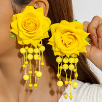 Pendientes de Flores de Rosa Grandes y Coloridos de Tela, Pendientes de Cuentas con Borlas de Flores para Fiestas Dulces