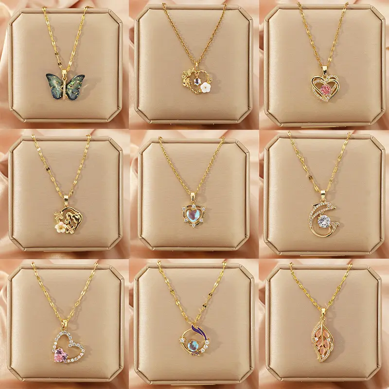 Thời trang thép không gỉ 18K vàng Zircon tim bướm mặt dây chuyền vòng cổ phụ nữ xinh xắn Hoa Ngọc Trai lá phụ nữ vòng cổ