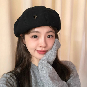 Black Wool <b>Beret</b> For Women Winter Warm Hat Retro Octagonal Style Classic Simple Design - Product Image 1