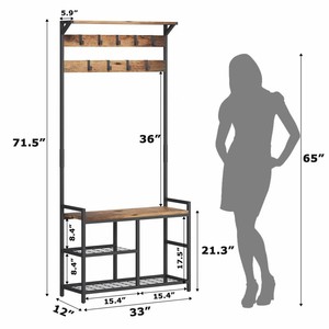 Vintage Brown Metal Wood <strong>Coat</strong> Rack Floor Standing <strong>Corner</strong> Entryway Bench <strong>Coat</strong> Hanger <strong>Stand</strong> With Shoe Storage - Product Image 3