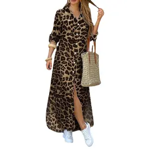 2023 trendy leopar baskı avrupa ve amerikan kadın giyim moda etek bölünmüş uzun gömlek elbise
