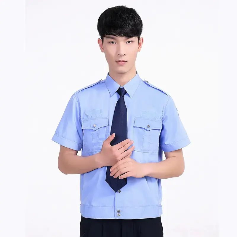 Mavi güvenlik güvenlik üniforması gömlek demir ücretsiz uzun kollu T Shirt üniforma güvenlik gömlek