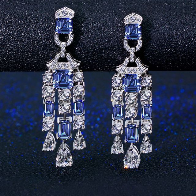 [haesool] 925Silver☆Natural Stone Blue Sapphire Earrings 925 Sterling Silver Round Blue Sapphire Cluster Stud