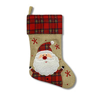 Ensemble de 3 chaussettes de Noël en toile de jute rouge à carreaux avec appliques 3D personnalisées Père Noël, renne, bonhomme de neige pour décoration de cheminée de Noël
