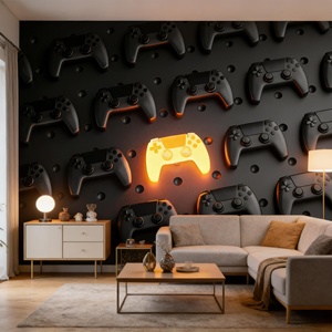 Papier Peint Mural 3D Lumineux pour Salle de Jeu et Cybercafé, Motif Manettes de Jeu Noires Multiples - Product Image 4