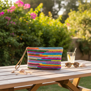 Pochette en crochet faite main à rayures colorées, sac à main bohème en tricot avec fermeture éclair pour femme, pochette de maquillage d'été, bracelet de poignet NF écologique - Product Image 3